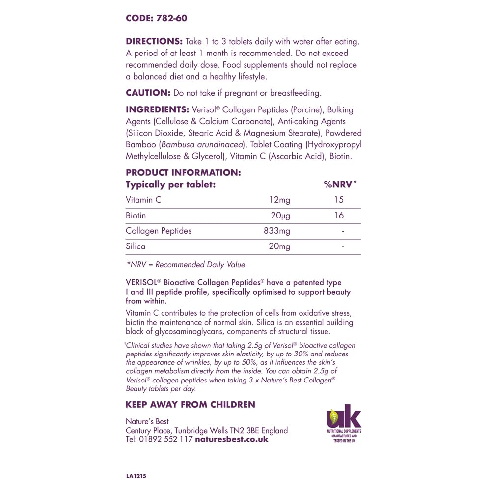 Collagen Beauty Capsules - 60 Capsules | Supports Skin Elasticity & Reduces Fine Lines | Patented VERISOL® Bioactive Peptides | Generous Levels of Collagen per dose & Taste-Free! (Tablets)