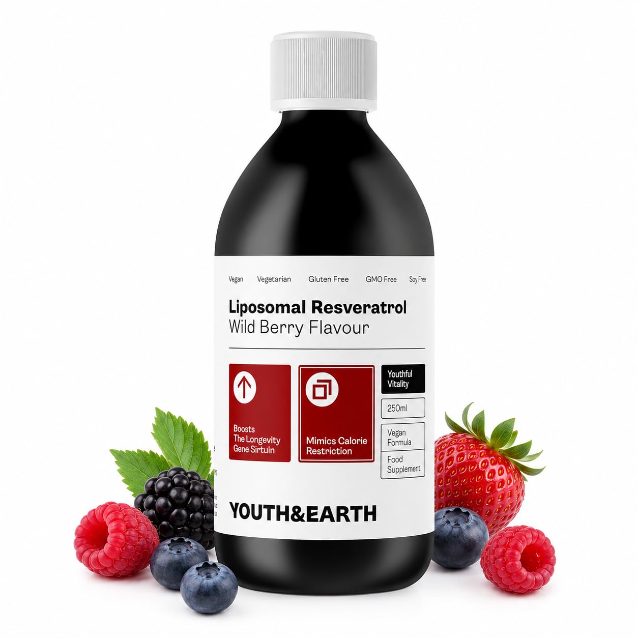 Youth & Earth Liposomal Resveratrol 200mg - Liquid Resveratrol Supplements for Sirtuin Activation, Anti-Aging & Cellular Health with NAD+ Boosters, NMN or NR - Wild Berry Flavor - 250ml