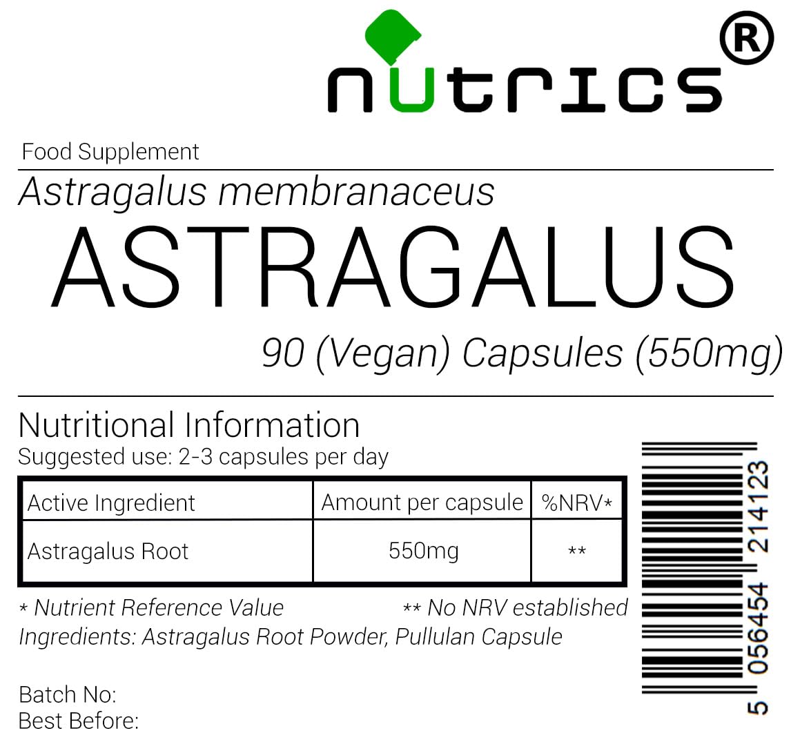 Nutrics® 550mg ASTRAGALUS ROOT 100% Pure x 90 V Capsules (1 Month Supply) huáng qí Milkvetch g - Suitable for Vegan Vegetarian Halal Kosher
