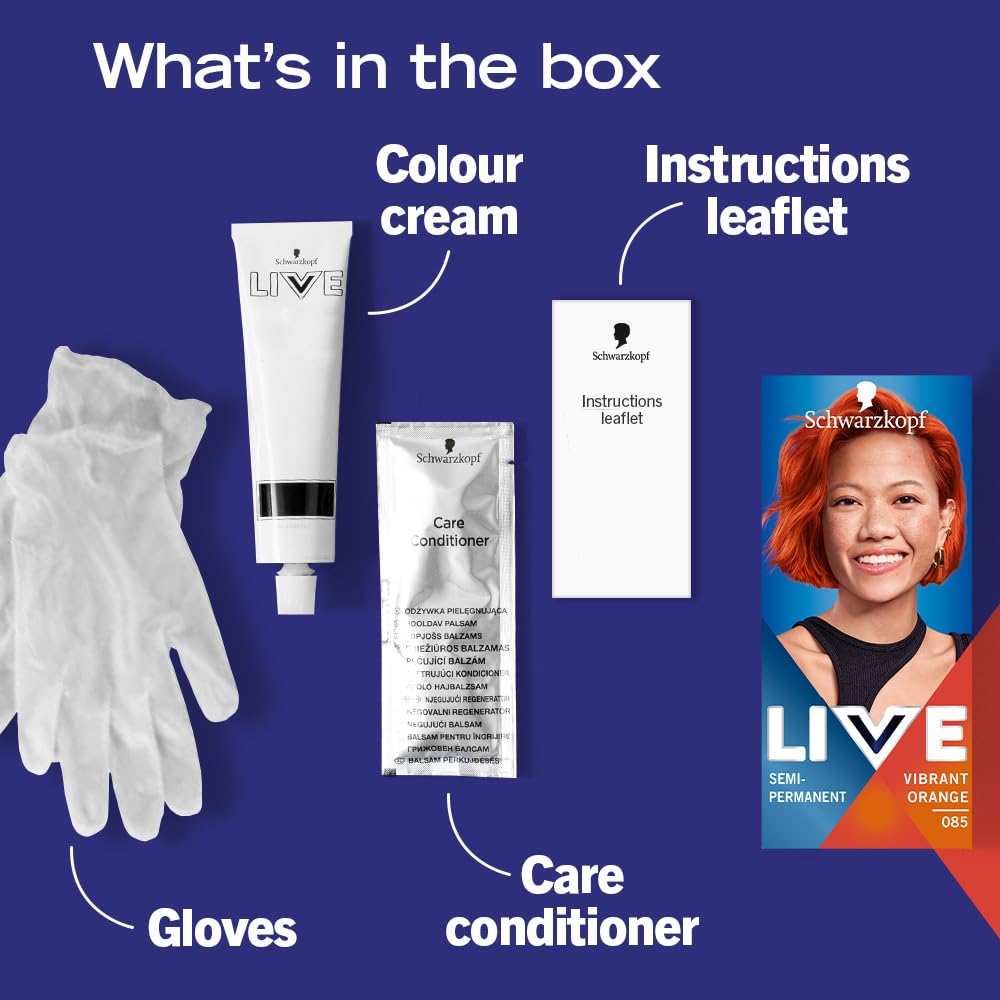 Schwarzkopf LIVE Ultra Brights Vibrant Orange Semi-Permanent Hair Dye 085, Orange Hair Dye for Bright or Pastel Orange Hair Colour, Vibrant Colour Lasts up to 15 Washes
