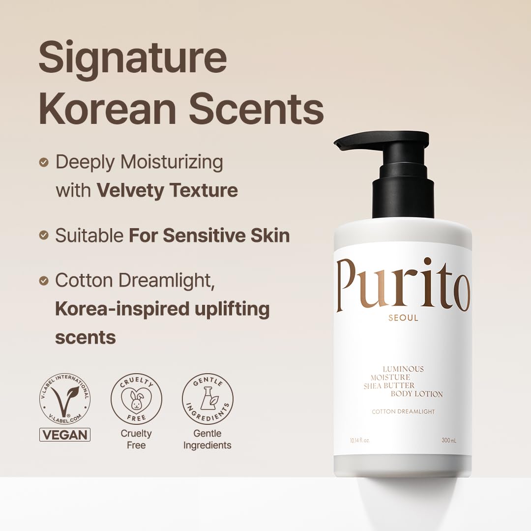 PURITO Luminous Moisture Shea Butter Body Lotion Cotton Dreamlight, Shea Butter, Gentle on Skin, Moisturizing, Dry Skin, Pump Bottle, K-Beauty, 300ml / 10.14 fl. oz.