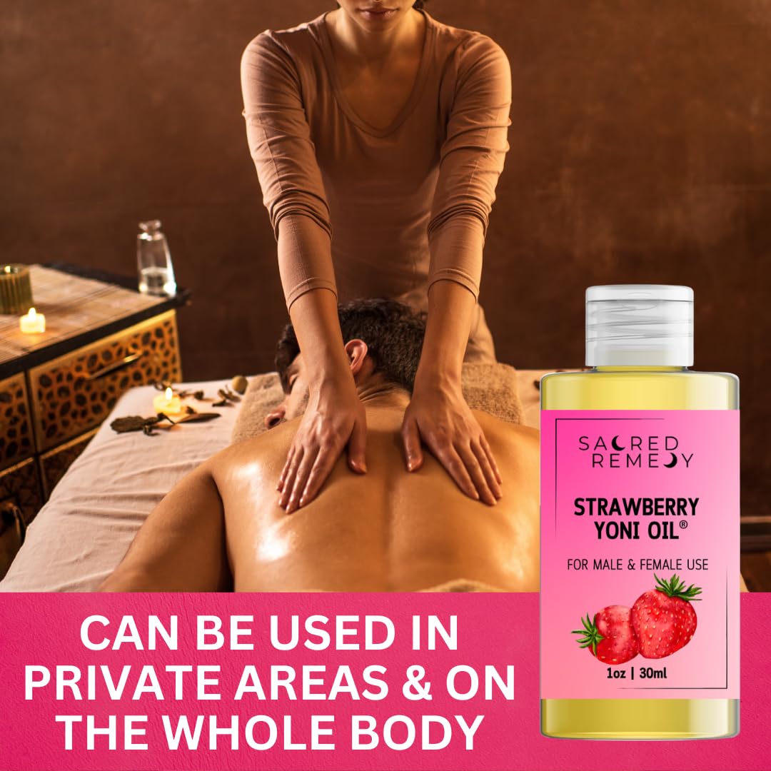 Sacred Remedy StrawberryYoni Oil Potent, Hydrating, Moisturising Lotion Oil. 100% Natural & Vegan. Reduces Friction, Chaffing & Dryness. Balances PH Level & Fresh Scent with Vitamin E (50ml)
