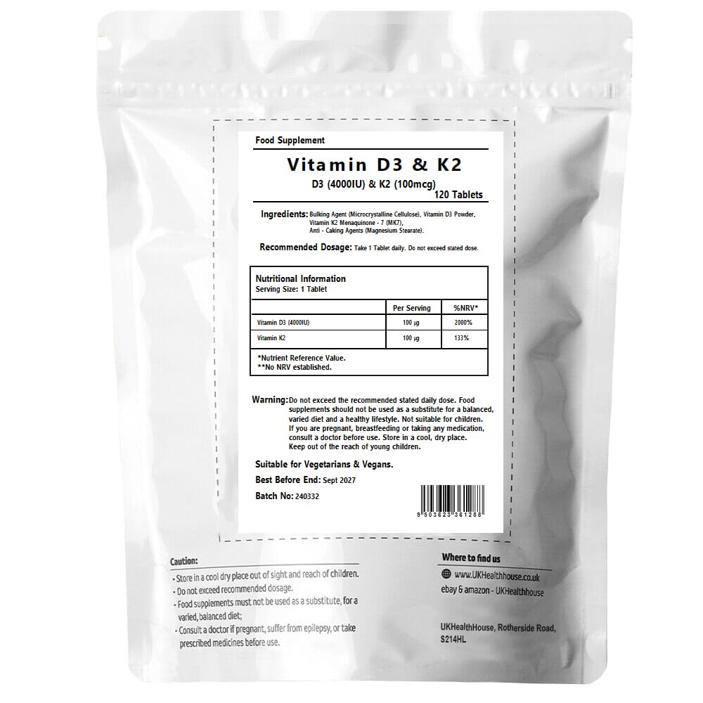 UKHealthHouse Vitamin D3 4000iu & K2 100ug (MK7) Vitamin D3 K2 Tablets Supports Normal Bones Muscles Teeth Immune System Cholecalciferol Menaquinone-7 (120 tabs)