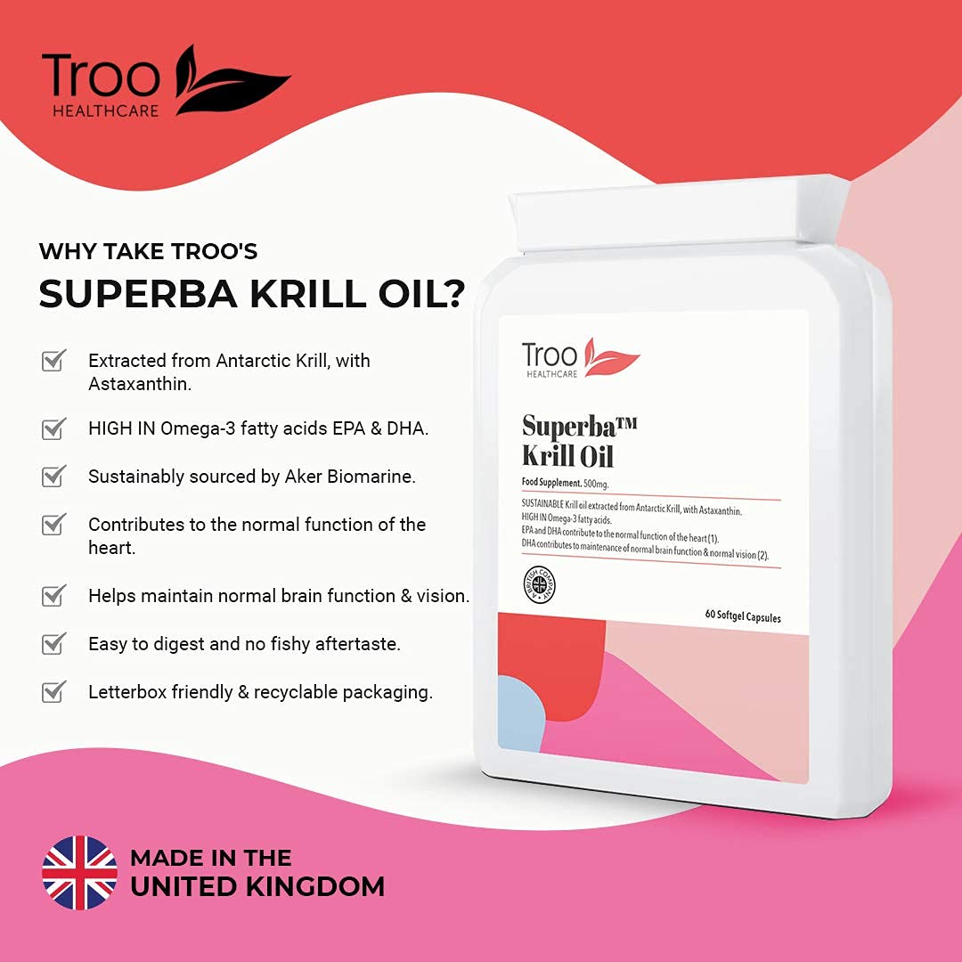 Troo Health Care Superba Krill Oil Extract 500 mg - 60 Soft Gel Easy Swallow Capsules – Sustainably Eco Harvested from Antarctic Krill with Astaxanthin - Manufactured to GMP Standards