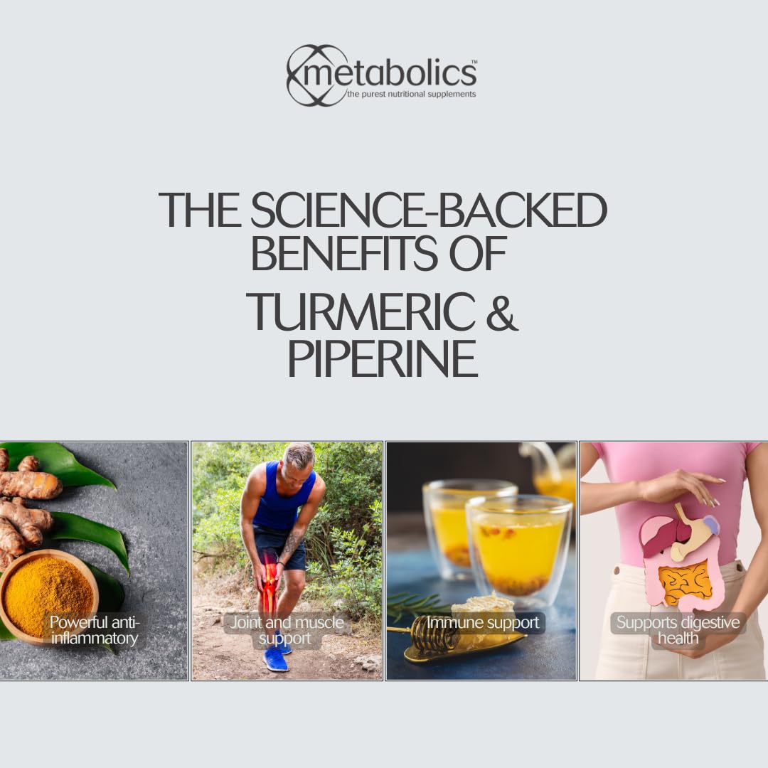 Metabolics Turmeric with Piperine- Pot of 90 Capsules- Highly Bio Available Source of Curcumin, Supported with Piperine (Black Pepper) to Improve Absorption