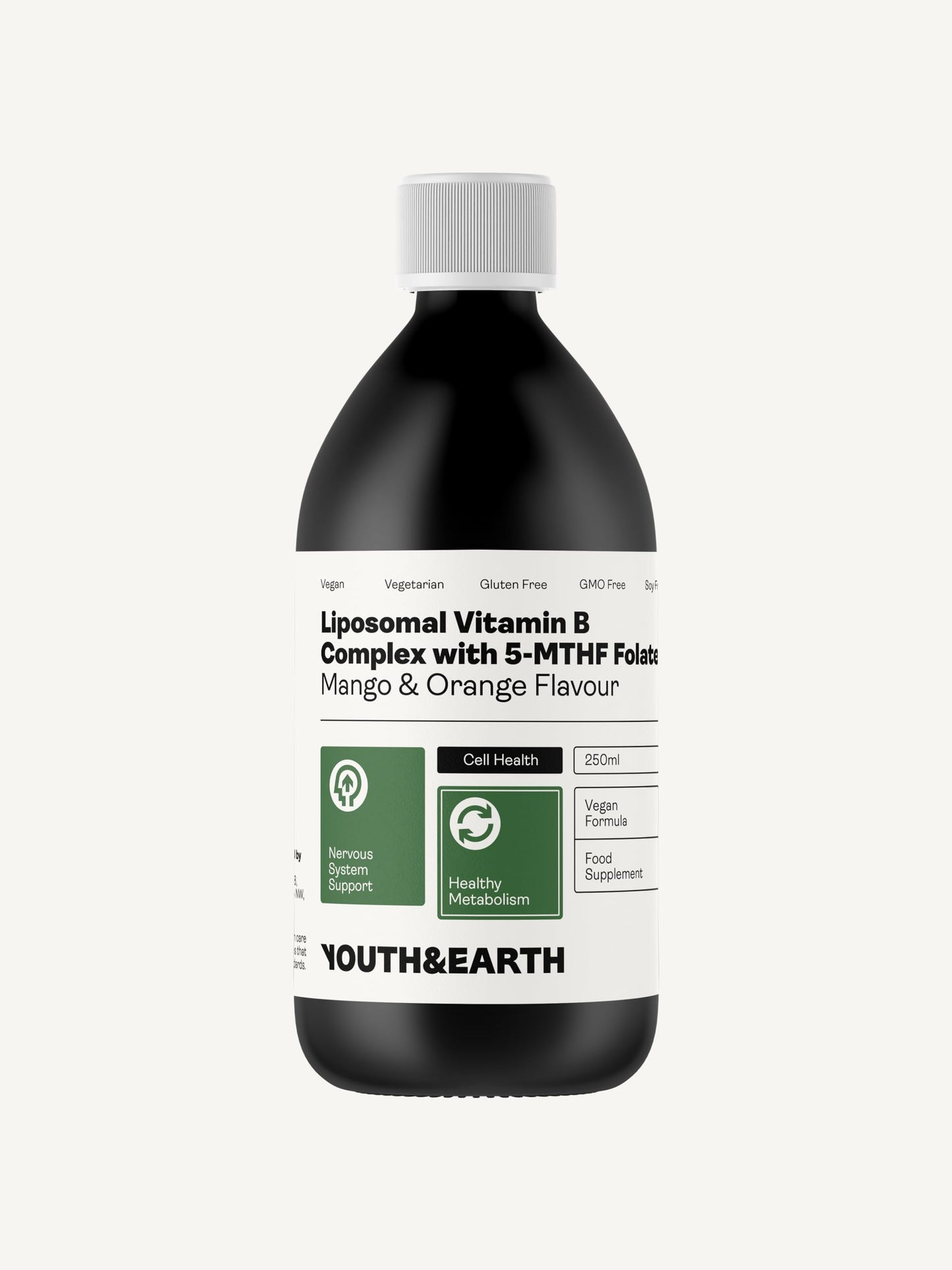 Youth & Earth Liposomal Vitamin B Complex with 5-MTHF Folate 250ml Mango and Orange Flavour