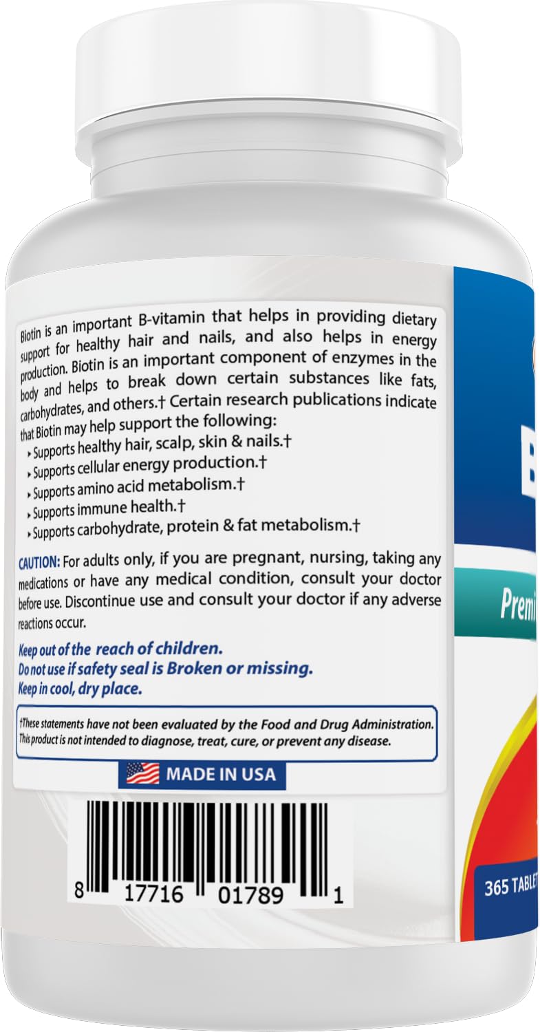 Best Naturals Biotin (Also Called Vitamin B7), 10,000 mcg, 365 Days Supply (1 Year Supply), 365 Tablets (365 Count (Pack of 1))