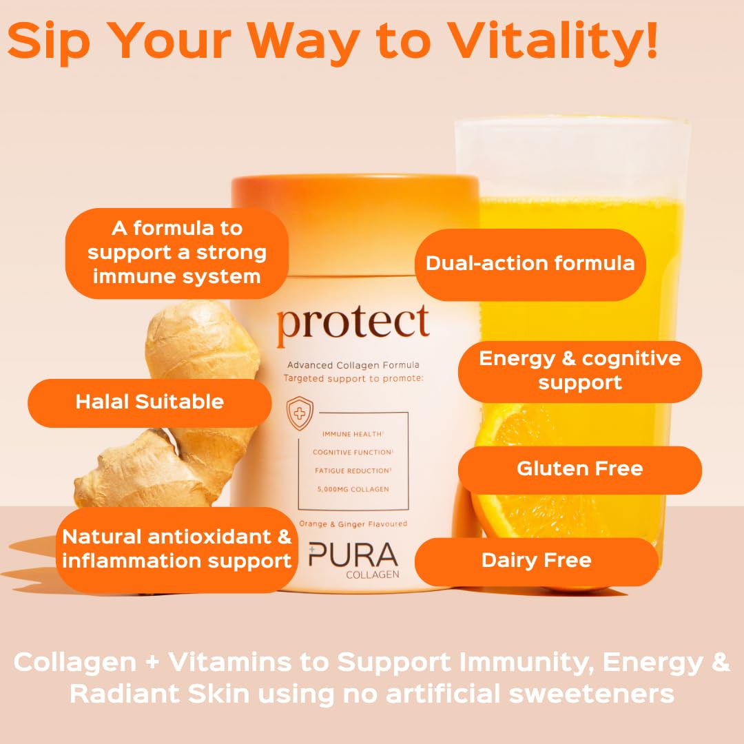 Pura Collagen Protect Collagen Powder | 5,000mg Bovine Collagen Peptides with Vitamin C, D3, B12, Zinc & Iron | Immune Support with Ginger Root Extract – 28 Servings, 284g