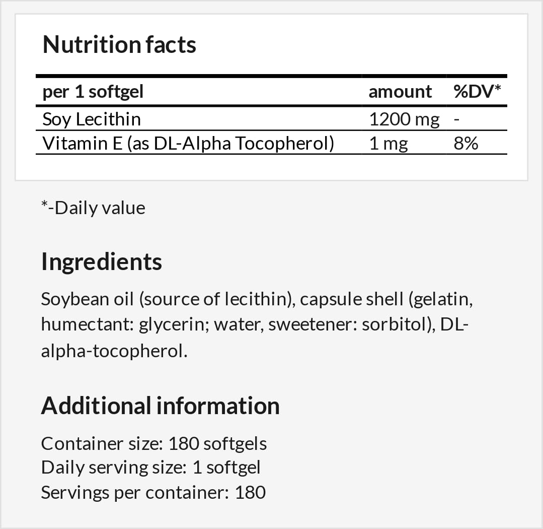 Lecithin 1200mg with Vitamin E - 180 Softgels - High Strength Soy Lecithin Supplement - 6 Months Supply - Laboratory Tested Lipid Lecithin Supplements - by Apollo's Hegemony