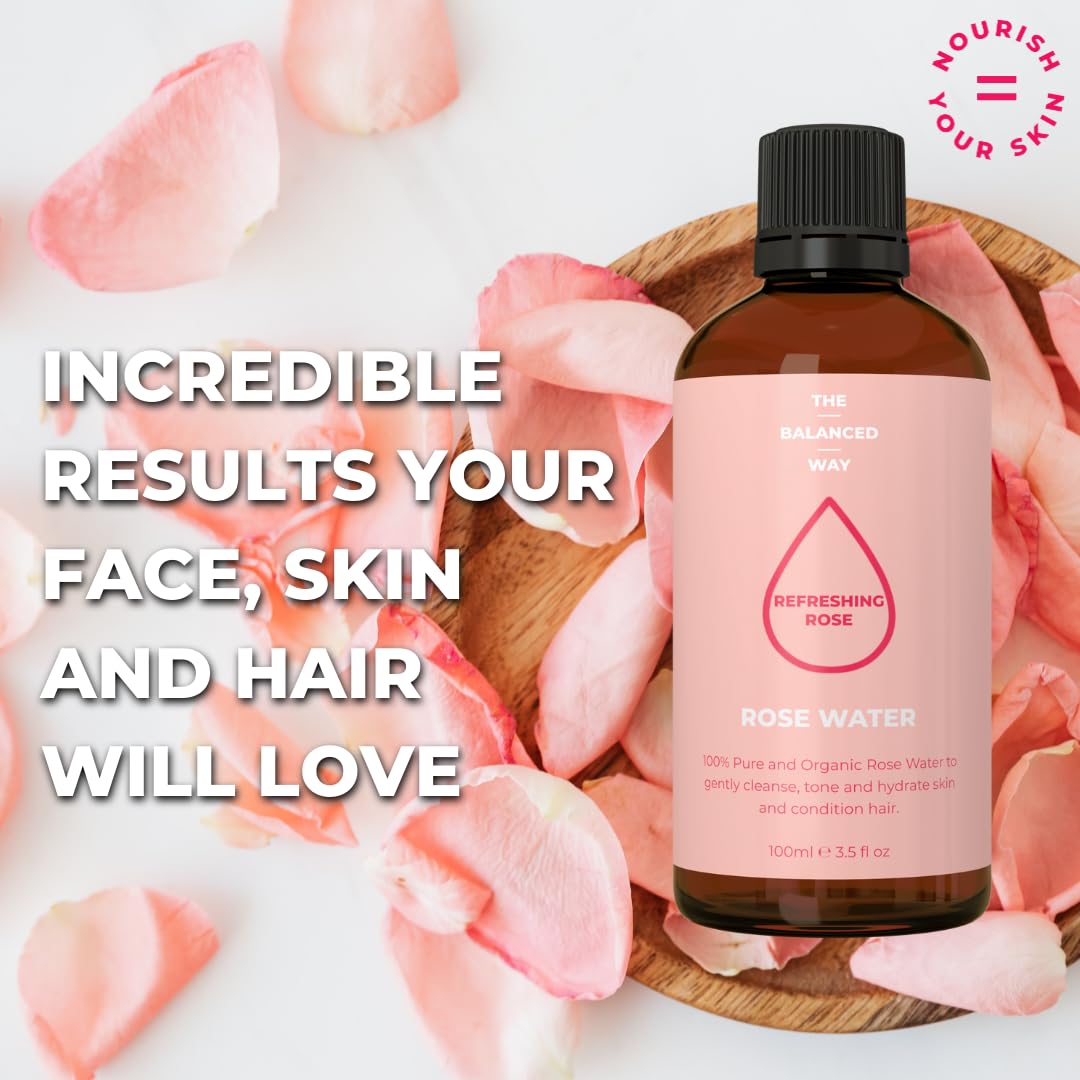 The Balanced Way 100% Pure Organic Rose Water for Face & Hair (100ml) | Pure Rose Water Calms & Soothes Irritated/Red Skin | Heals Blemishes | Rose Water for Hair Reduces Frizz | Incredibly Gentle/Triple Distilled