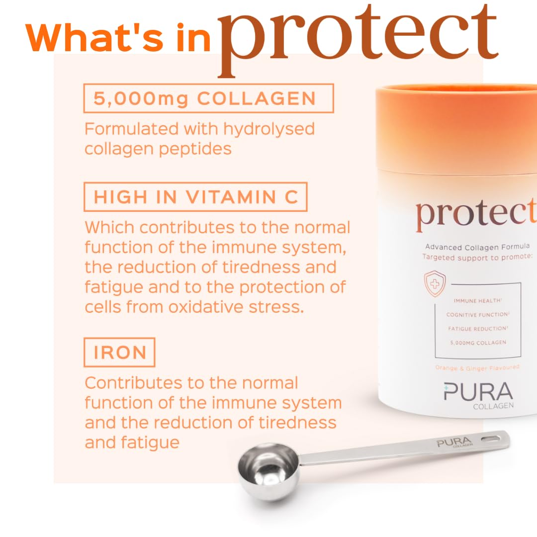 Pura Collagen Protect Collagen Powder | 5,000mg Bovine Collagen Peptides with Vitamin C, D3, B12, Zinc & Iron | Immune Support with Ginger Root Extract – 28 Servings, 284g