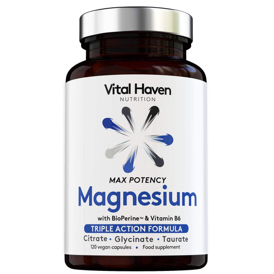 Complex Triple Action Formula - Magnesium Citrate + Glycinate + Taurate and Vitamin B6 with Bioperine for Maximum Absorption - Max Potency - Premium Ingredients - Vegan - Made in The UK