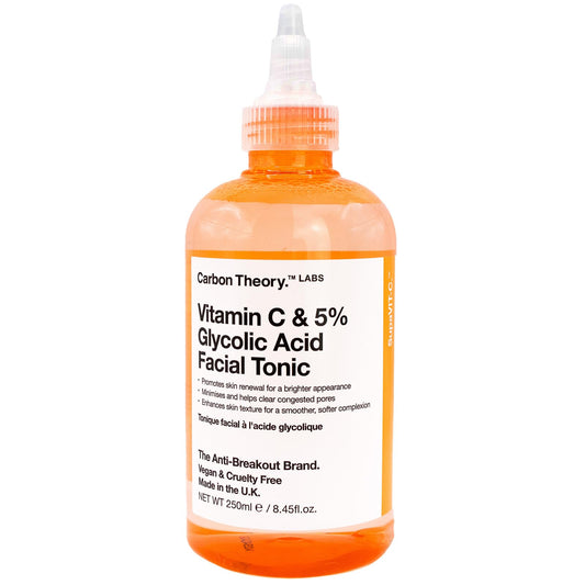 Carbon Theory SupaVIT-C Vitamin C Skin Toner for Face - 5% Glycolic Acid Toner & Blemish Control Cleanser - Reduces Excess Oil & Minimises Pores - Exfoliating Vegan Facial Tonic - 250ml