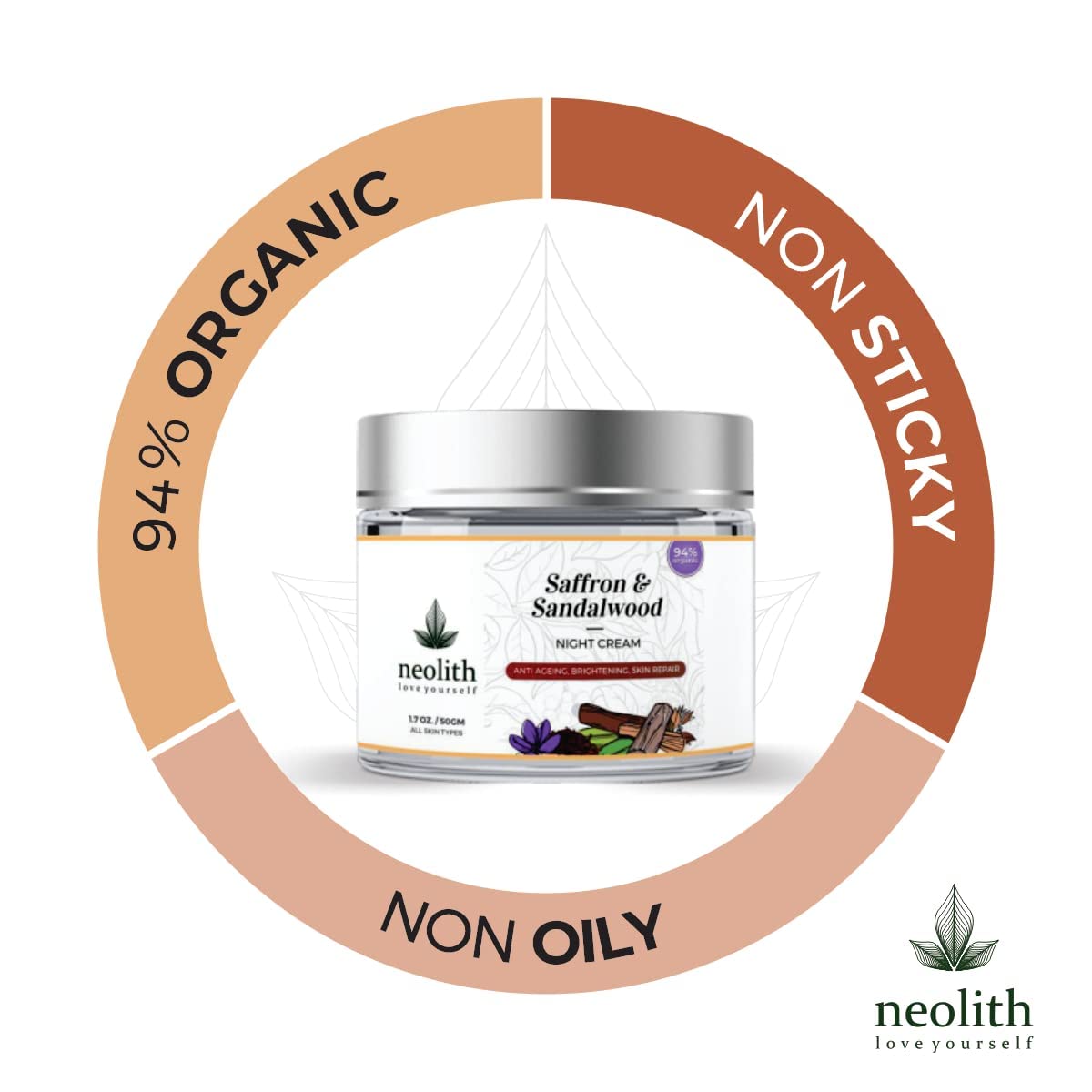 NEOLITH Neolith Saffron Sandalwood Night Cream | 98% Organic | Night moisturizer, Anti Aging night cream, Night cream for glowing skin | No Silicon, No Mineral oil, No Paraben, No Synthetics