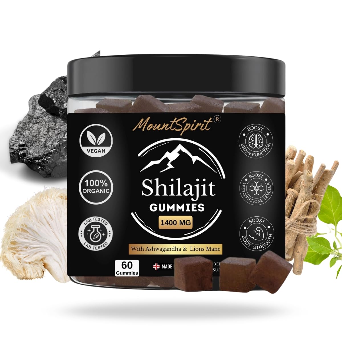 Shilajit Gummies 3-in-1 Max Strength by MountSpirit™, Himalayan Shilajit with Lions Mane and Ashwagandha, Fulvic & Humic Acid and 85+ Minerals, for Energy, Immunity & Focus, Sugar-Free, 60 Gummies