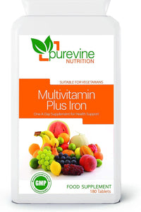 Purevine Nutrition Multi Vitamins with Iron Supplement - 180 Tablets - Daily One A Day Multivitamin with Vitamin C, B, A and D – Immune Support Suitable for Men and Women - UK Manufactured to GMP Standards