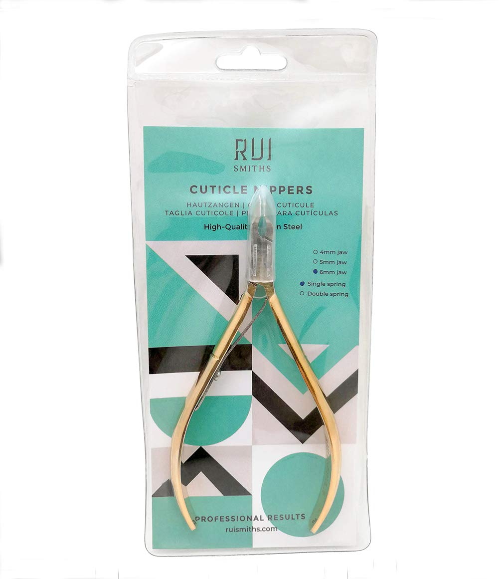 Rui Smiths Professional Cuticle Nippers, Gold-Plated Carbon Steel, French Handle, Single Spring, 6mm Jaw (Full Jaw)