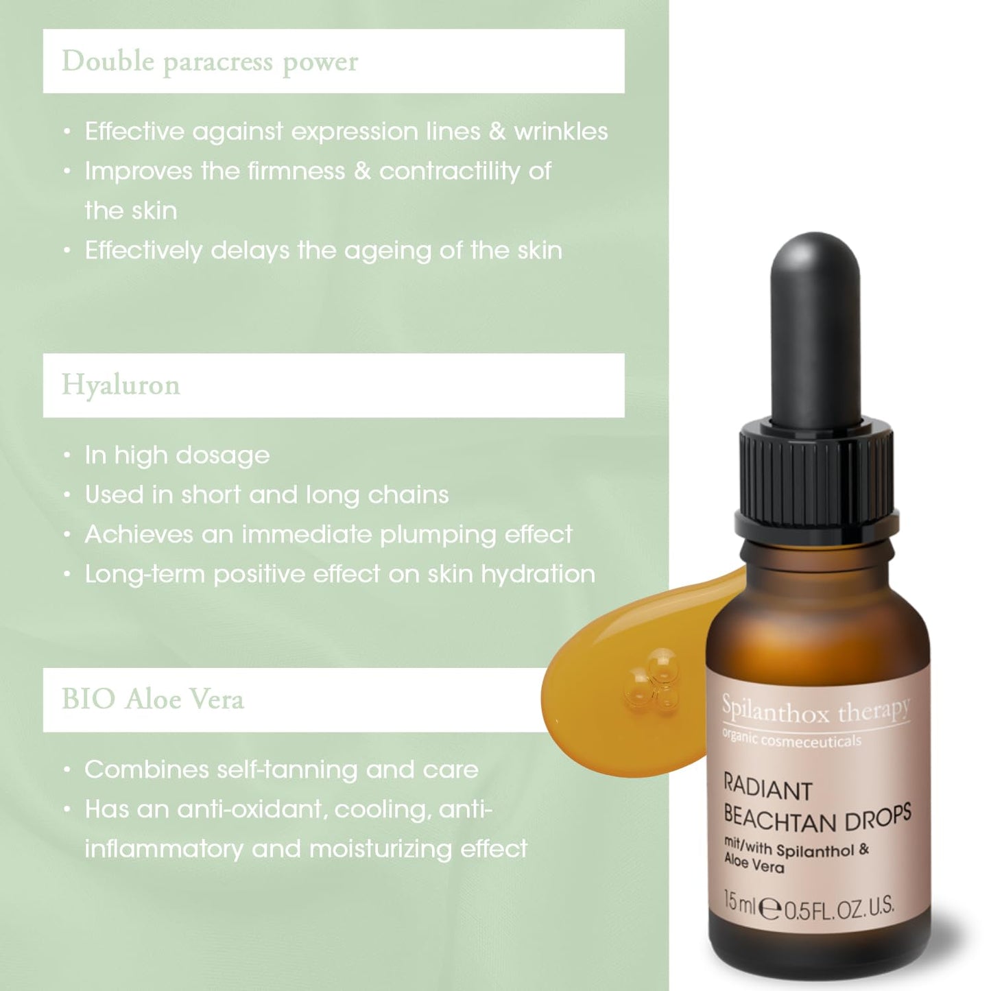 Spilanthox therapy - Radiant Beach Tan Drops - Self-Tanning Concentrate to Mix with Facial Care - Spilanthol & Aloe Vera - Natural Tan - Anti-Ageing - Vegan Natural Cosmetics - 15ml
