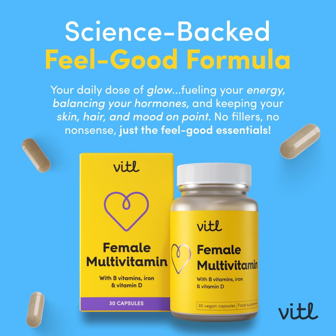 VITL Vitl Female Multivitamin & Minerals Supplement - 30 Vegan Capsules - 21 Essential Active Vitamins & Minerals - with Vitamin D3, Vitamin B, Vitamin C, Vitamin E, Folic Acid & Iron - 1 Month Supply