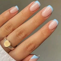 NLFOX Baby Blue French Tip False Nails - Square Press On Nails Short - French Coffin Fake Nails With Glue - Removable Full Cover Acrylic Stick On nails For Women Daily Wear Nail Art Gifts Accessories