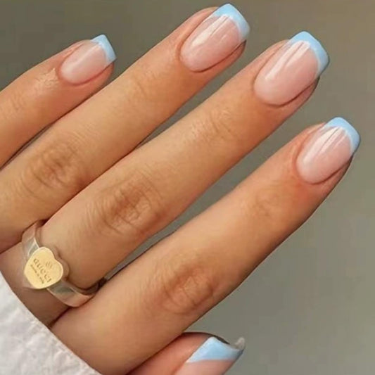 NLFOX Baby Blue French Tip False Nails - Square Press On Nails Short - French Coffin Fake Nails With Glue - Removable Full Cover Acrylic Stick On nails For Women Daily Wear Nail Art Gifts Accessories