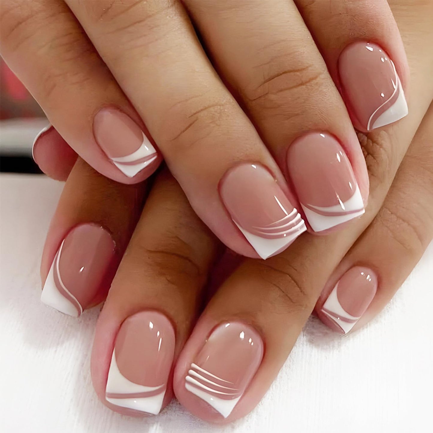 Generic French Tip Short False Nails, Square Press On Nails, 24 PCS Stick On Nails with Glue, Reusable Fake Nails for DIY Manicure, Elegant and Natural Look for Women DIY Nail Art, Parties Weddings Daily (A)