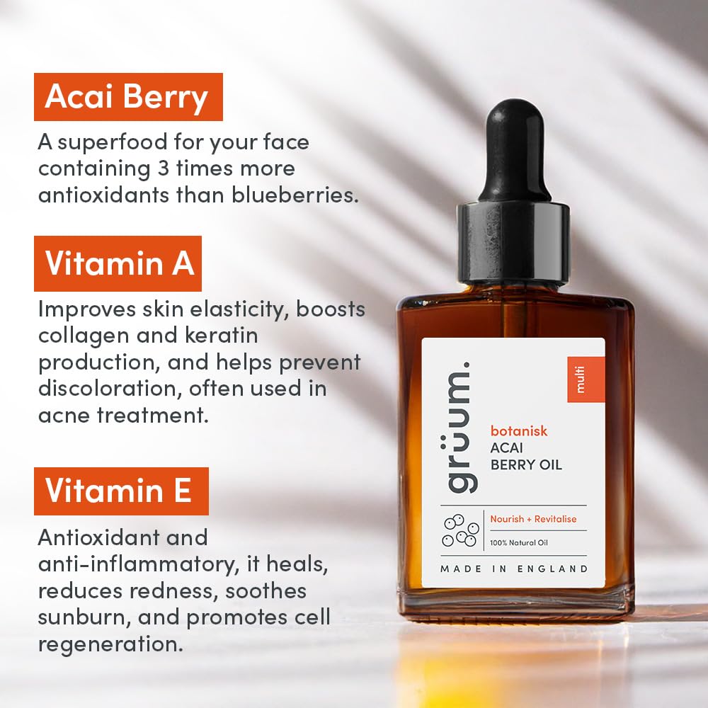 grüum Acai Berry Face Oil 30ml - 100% Natural Anti-ageing Vitamin E Oil for Skin with Vitamin A & C for Women & Men - Made in the UK