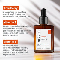 grüum Acai Berry Face Oil 30ml - 100% Natural Anti-ageing Vitamin E Oil for Skin with Vitamin A & C for Women & Men - Made in the UK