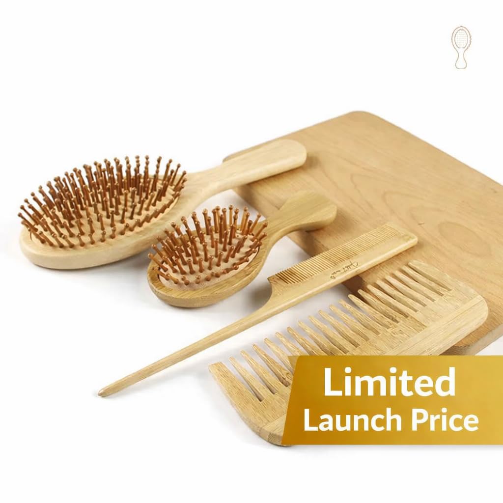 Phoenix Forge Bamboo Hairbrush and Comb Set-Pain-Free Detangling Hair Brush for Curly & Thick Hair — Anti-Breakage & Scalp Massage, Bamboo Eco-Friendly Design