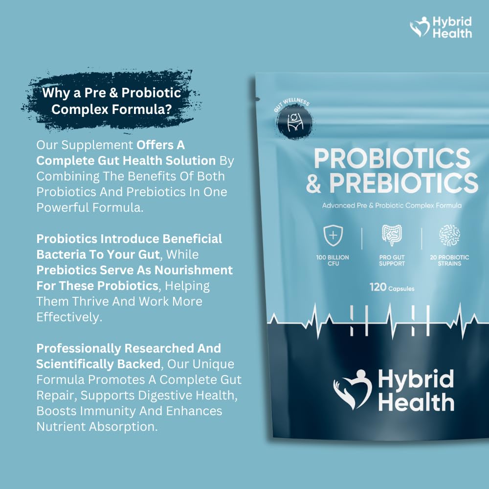 Hybrid Health Probiotics & Prebiotics Complex | 120 Vegan Capsules | 100 Billion CFU | Advanced Strength Probiotics with 20 Diverse Strains | Pre & Probiotics for Women and Men