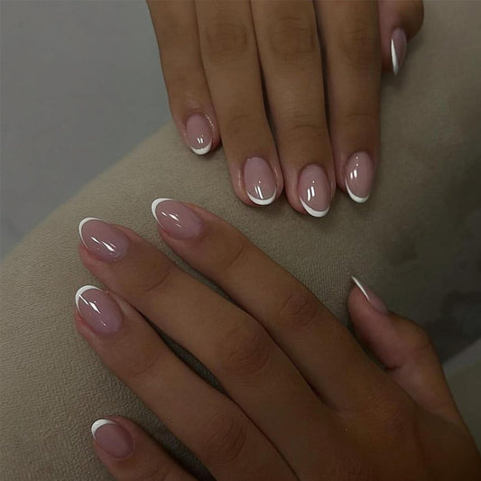 EONFAVE Almond False Nails - 24pcs French Tip Press on Nails - Short Removable Full Cover Classic French Tip with Glue - Stick On Nails For Women Girls Nail Art Gift