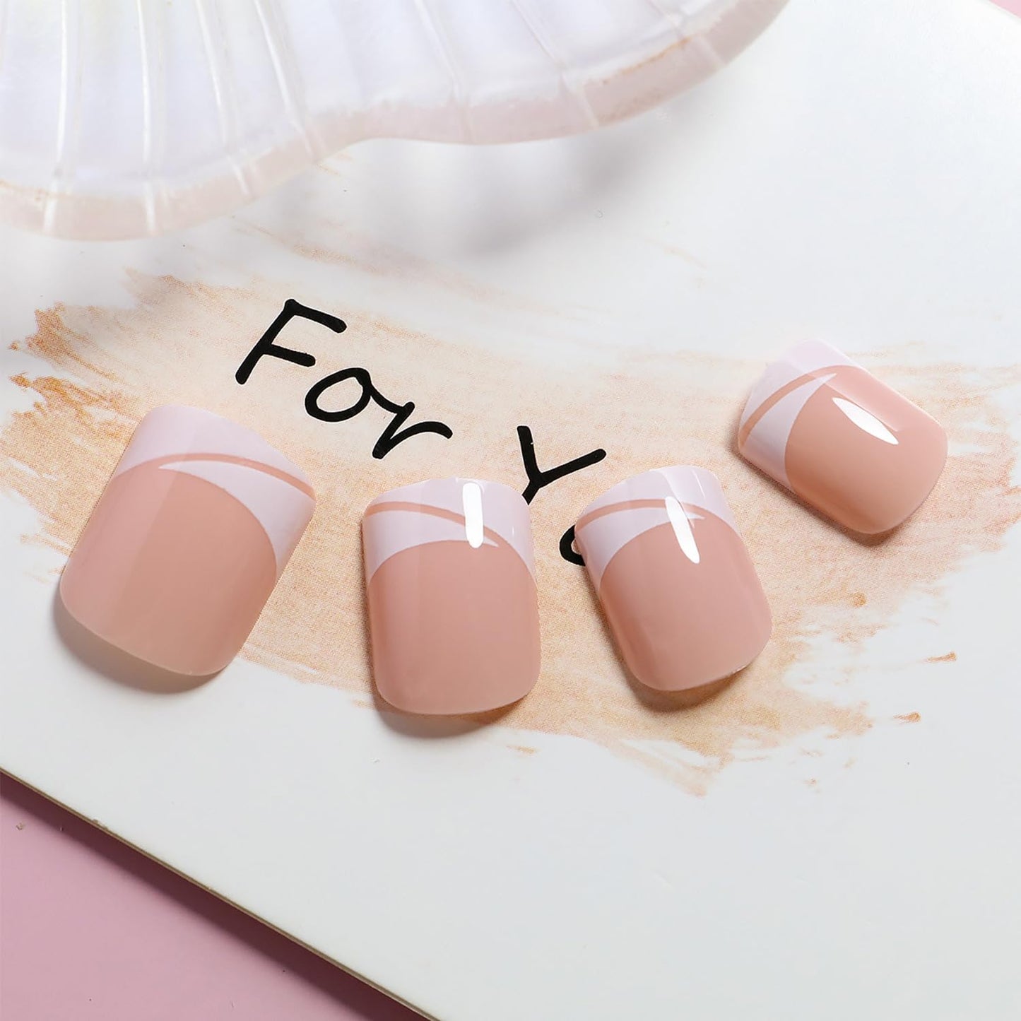 Generic French Tip Short False Nails, Square Press On Nails, 24 PCS Stick On Nails with Glue, Reusable Fake Nails for DIY Manicure, Elegant and Natural Look for Women DIY Nail Art, Parties Weddings Daily (A)
