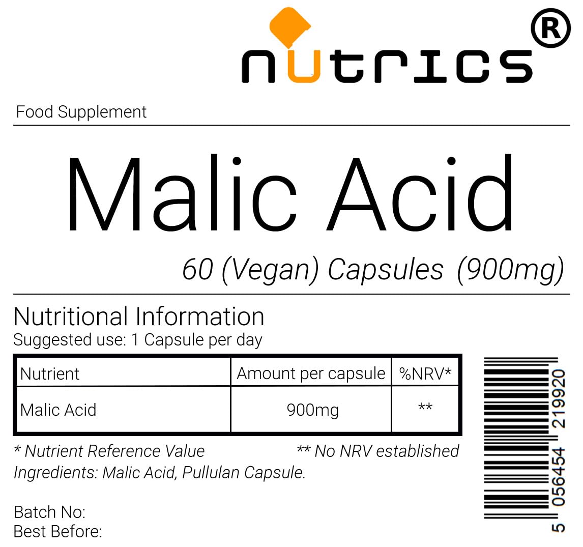 Nutrics® Malic Acid 900mg 100% Pure Vegan Capsule Pharmaceutical Grade - 120 V Capsules (4 Month Supply) Suitable for Vegan Vegetarian Halal Kosher