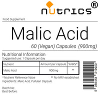 Nutrics® Malic Acid 900mg 100% Pure Vegan Capsule Pharmaceutical Grade - 120 V Capsules (4 Month Supply) Suitable for Vegan Vegetarian Halal Kosher