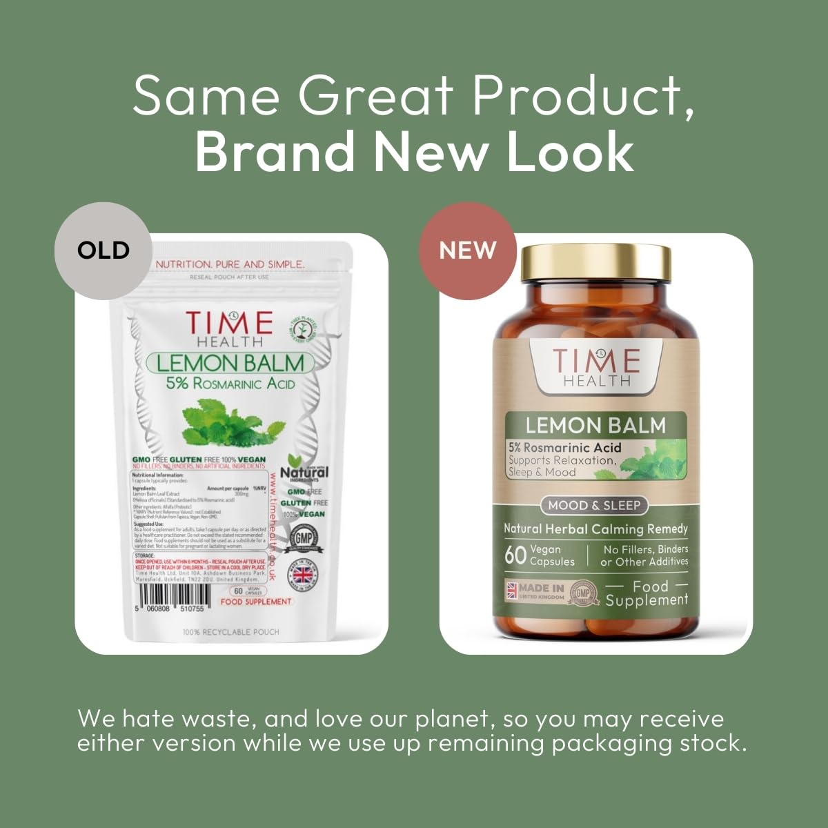 Time Health Lemon Balm Leaf Extract - Min. 5% Rosmarinic Acid - Vegan - No Fillers, Binders or Flow Agents - Pullulan - 60 Capsules
