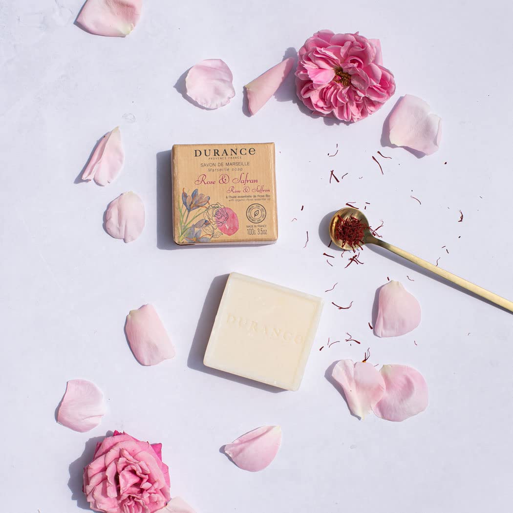 DURANCE Durance Solid Marseille Soap With Organic Rose Essential Oil 100g – Enriched With Olive Oil & Red Rice Extract – Paraben-Free Solid Soap For All Skin Types