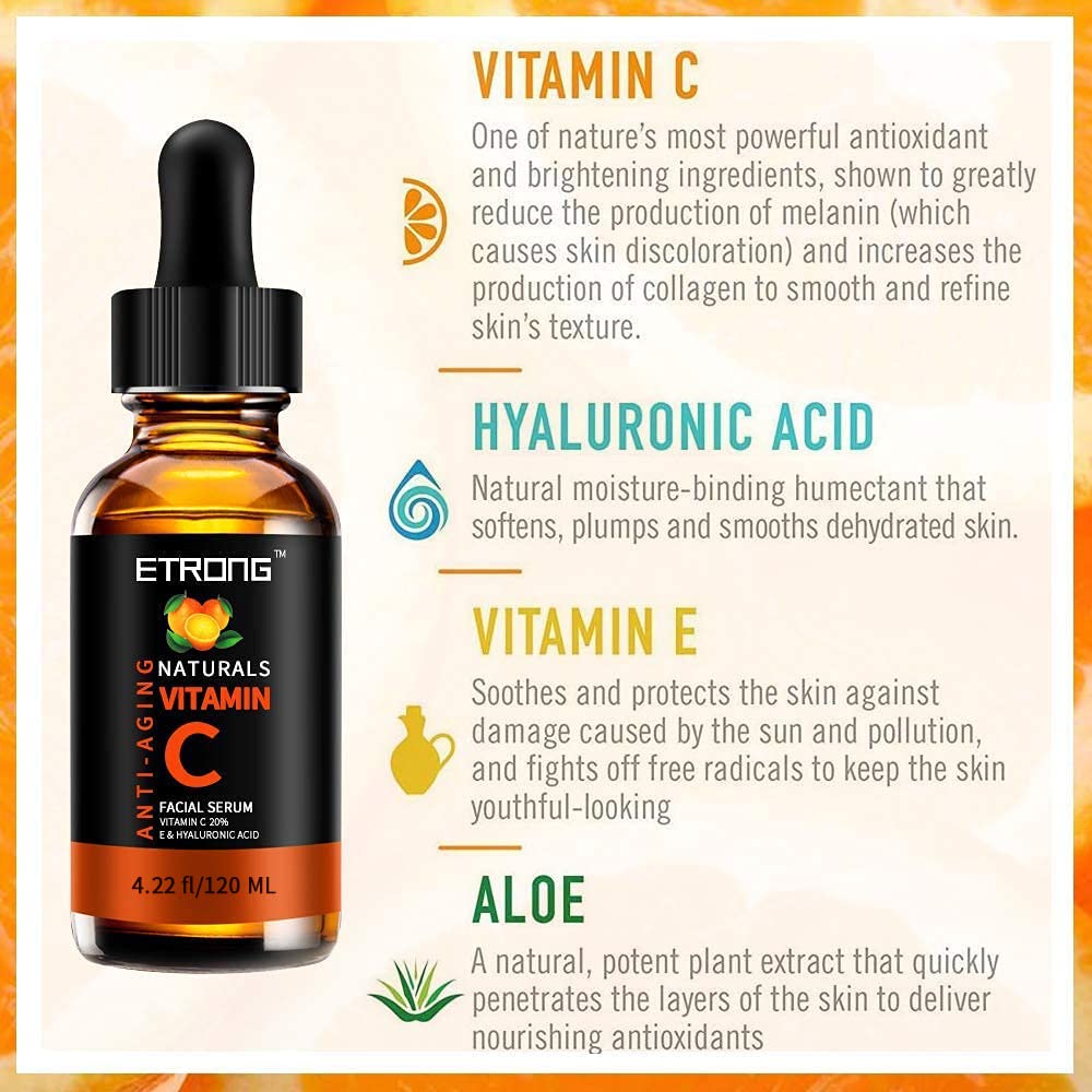 Vitamin C Serum Face with Hyaluronic Acid,Vitamin E,20% Vitamin C for Anti-wrinkle,Dark Circle,Fine Lines and Sun damage – Restore&Boost Collagen (120 ML)