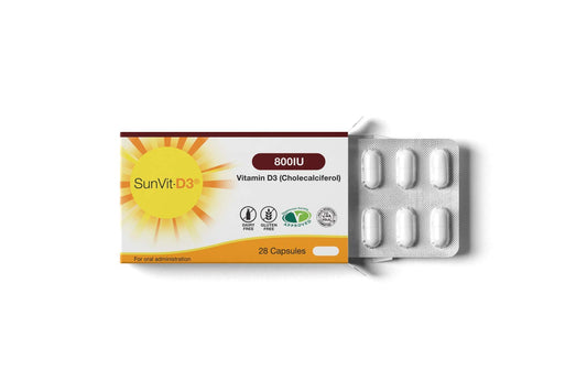 SunVit-D3 Vitamin D 800IU Capsules - Vitamin D3 Cholecalciferol Capsules Support the Maintenance of Bone, Teeth, Muscle & Immune System | Made in UK & GMP Approved - D3 Vitamins 28 Convenient Capsules