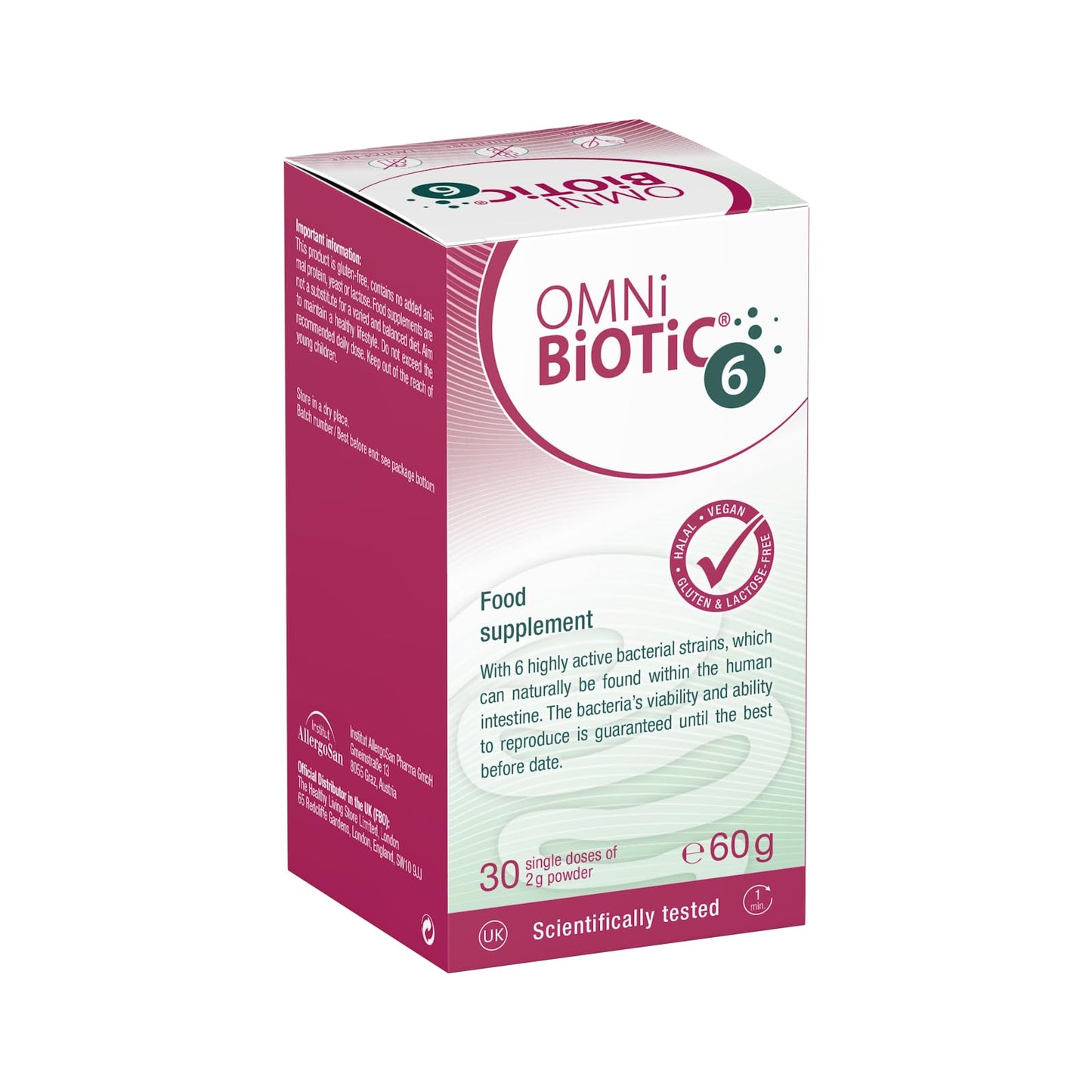 OMNi BiOTiC 6 | Glass | 30 portions (60g) | 6 Bacterial strains | 4 Billion Bacteria per Daily dose | Powder | with Inulin | Vegan | Gluten-Free | Lactose-Free | for Daily use