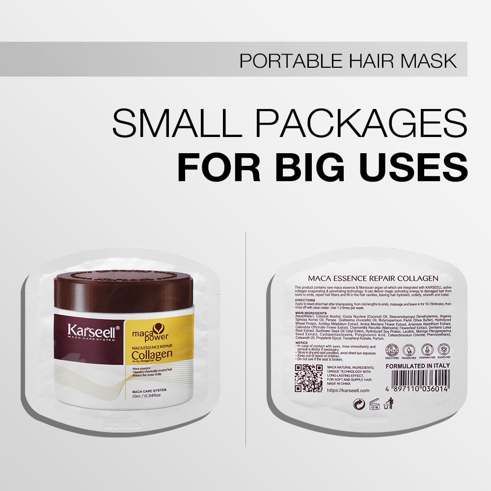 Karseell Collagen Hair Mask Deep Repair Conditioning Argan Oil Collagen Hair Masks for Dry Damaged Hair All Hair Types 10ml/ 0.34oz (24 packs)