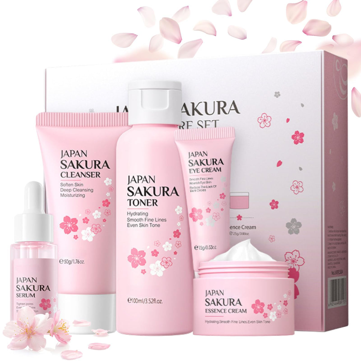 HUAIAN Sakura Skin Care Sets & Kits,Girls Pamper Set, Face Care Sets For Women,Cherry Blossom Skincare Teenage Girls Gifts - Cleanser,Toner,Serum,Eye,Essence Cream - Japanese Skincare