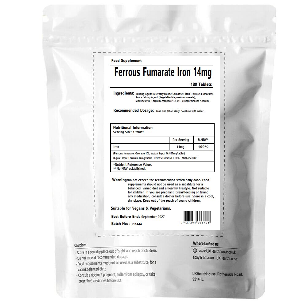 UKHealthHouse Iron Tablets 14mg | High Strength Ferrous Fumarate Iron Food Supplement for Energy, Tiredness, Red Blood Cell & Pregnancy Care | Suitable for Men & Women | 180 Tablets