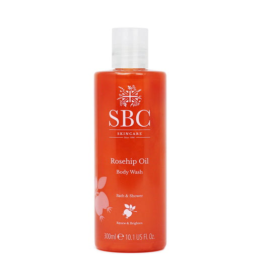 SBC Skincare Rosehip Oil Body Wash 300ml, Anti-Ageing Bath and Shower Body Wash with Rosehip Oil and Vitamins A, C and E, Delicate Scent