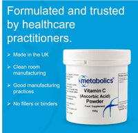 Vitamin C Powder by Metabolics | 1000mg Vitamin C Per Serving Providing 1250% NRV | Pot of 150g Providing 150 Servings Suitable for Vegans & Vegetarians- No Additives or Flowing Agents