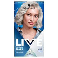 LIVE Schwarzkopf Live Post Bleach Toner Ice White Hair Toner, Lasts Up To 16 Washes, Semi-Permanent Blonde Hair Dye, For Brassy Yellow Tones, T1