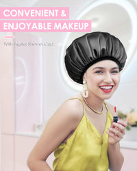 Aquior Shower Cap,Extra Large Triple Layer Bathing Cap with Dry Hair Function for Women Microfiber Terry Cloth Silky Satin 100% Waterproof Reusable Long Hair Bath Caps