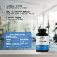 Taurine Supplement 1000mg - 180 Capsules - 3 Months Supply | Vegan L-Taurine, High Dose Amino Acid | No Artificial Fillers & Gluten Free | Ambervit