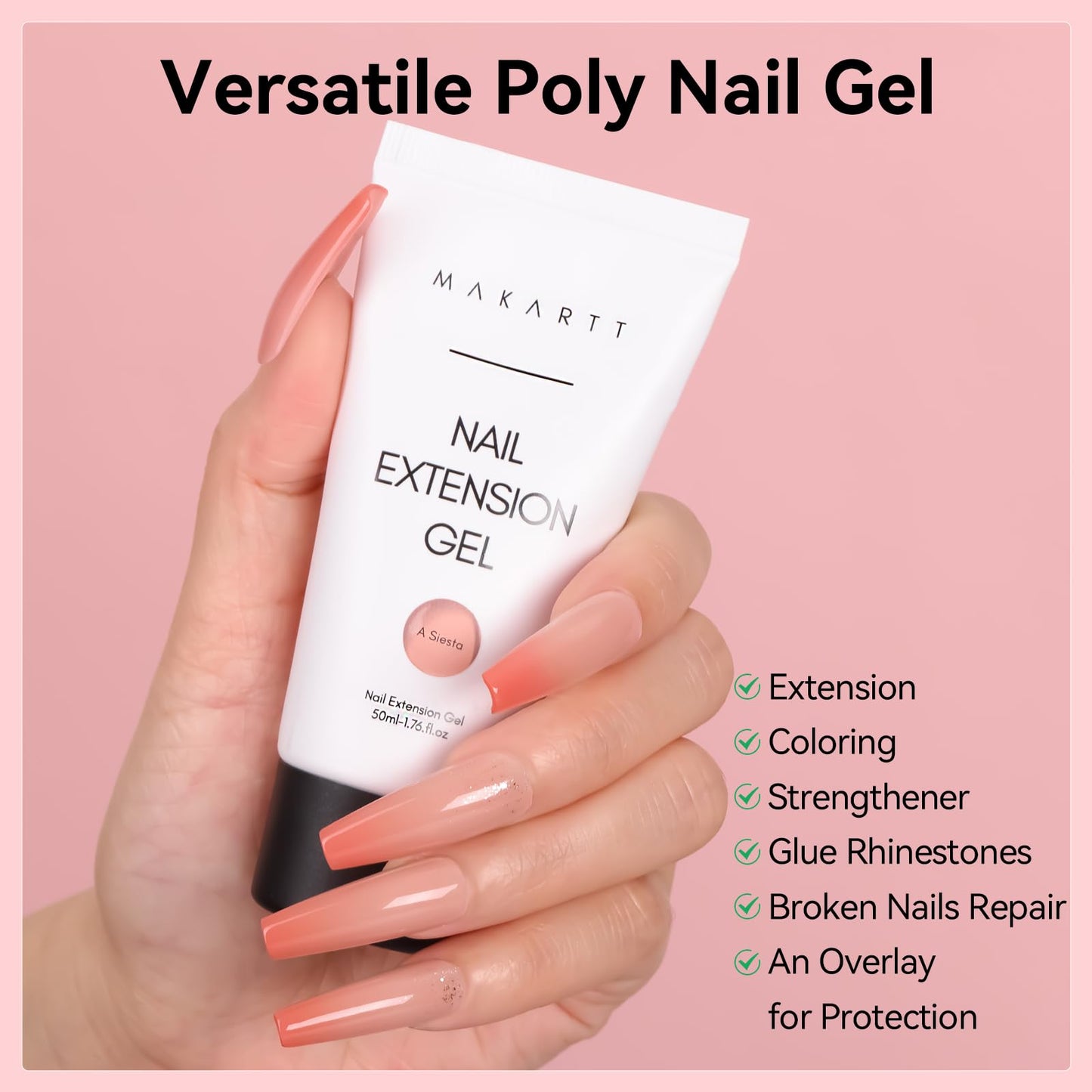 Makartt Poly Nail Gel, Long Lasting 3D Gel for Nail Art, Quick Nail Builder Extension Gel 50ML, Natural Look White Pink Clear Rosy for Technician Starter DIY Salon for Woman (A-Siesta)