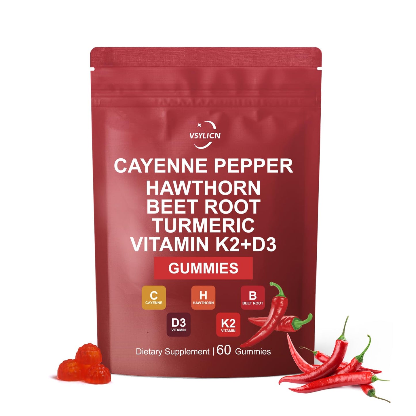 ANIANHAO Cayenne Pepper Supplement, Cayenne Pepper Gummies, Turmeric Gummies Gleame Pepper Ginger, Natural Vegan Turmeric Gummy Extract Drop for Adults (60 Gummies)
