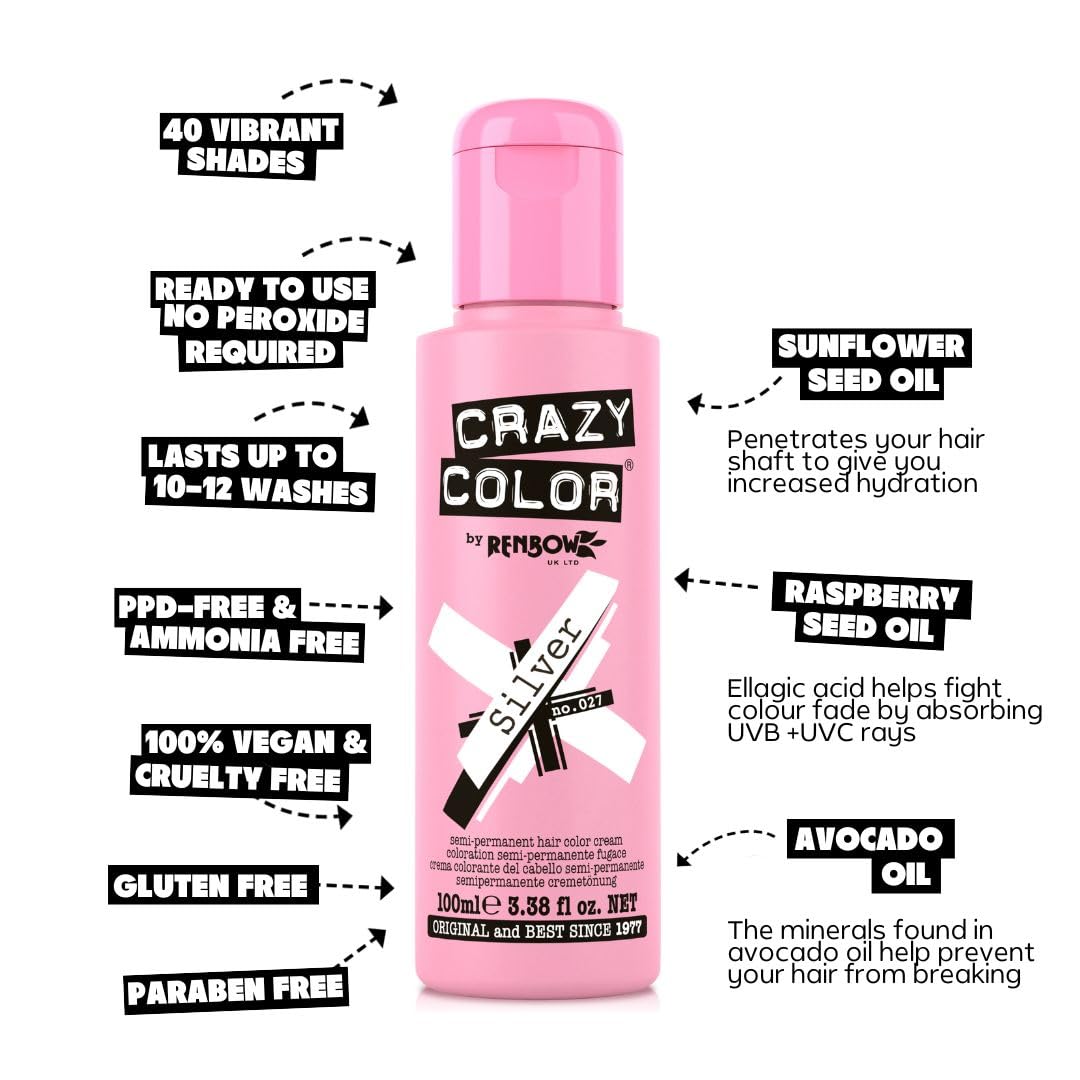 Crazy Color Metallic Silver Semi-Permanent Hair Dye. Highly Pigmented Blonde Toner Conditioning & Oil Nourishing Vegan Formula | No Bleach or Ammonia | 100ml
